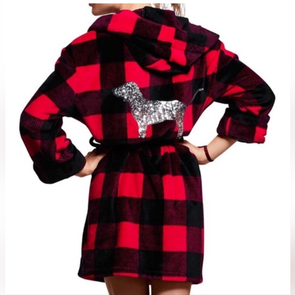 NWOT PINK Victoria’s Secret buffalo plaid bling fleece hooded robe, Size XS/S - Picture 1 of 16
